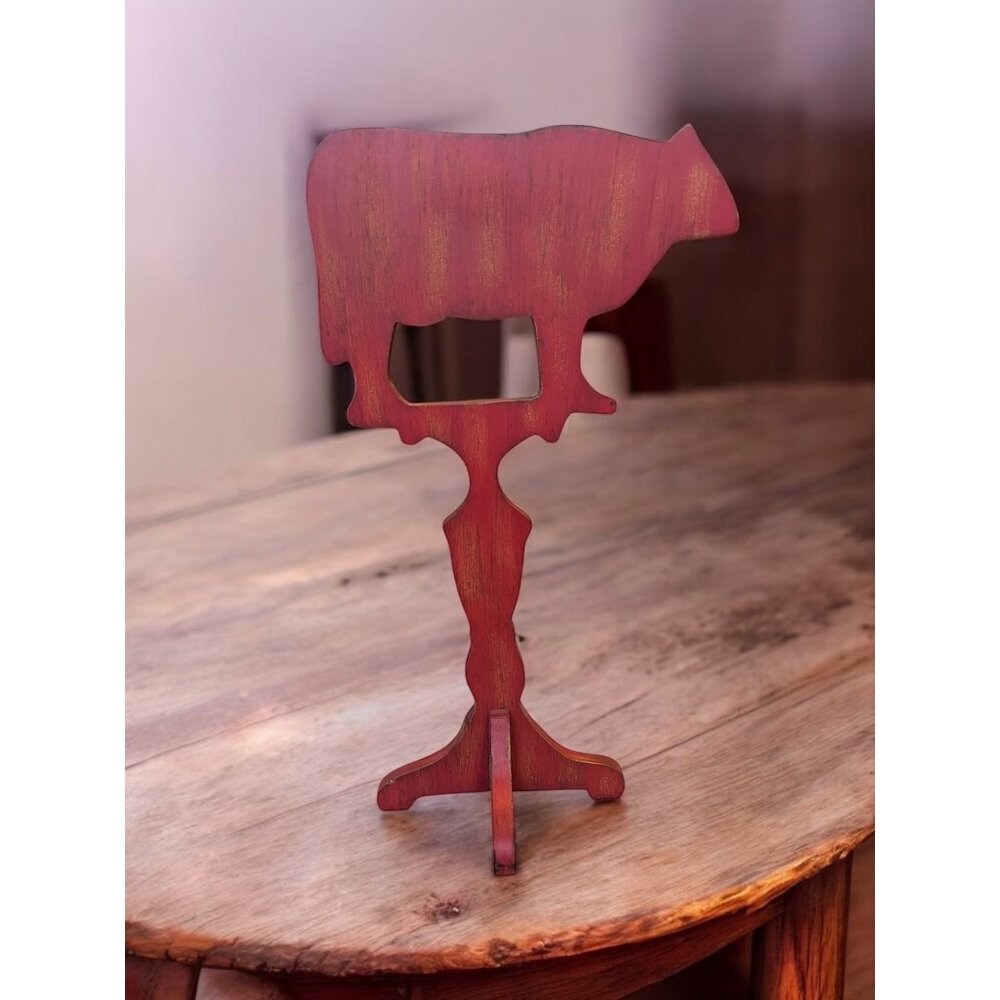 Primitive Farmhouse Red Wooden Cow Pedestal Weathervane 16"